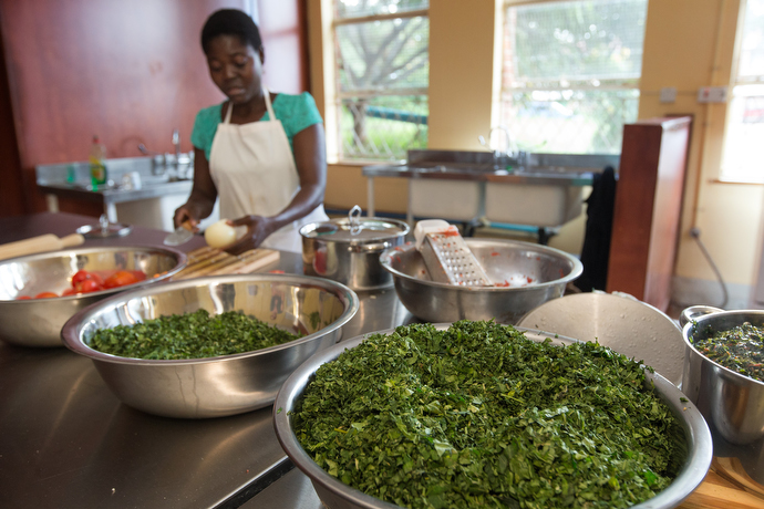 Charity Munyama prepares chaya recipes in a test kitchen at the Africa University School of Agriculture in Mutare, Zimbabwe. Photo by Mike DuBose, UMNS.