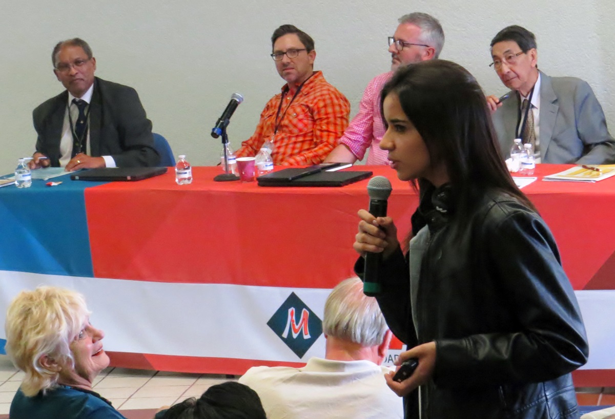 Karine Florenico of Brazil makes a point during a May 30 panel discussion titled “Education for Human Dignity,” part of the International Association of Schools, Colleges and Universities conference in Puebla, Mexico. Photo by Sam Hodges, UMNS.