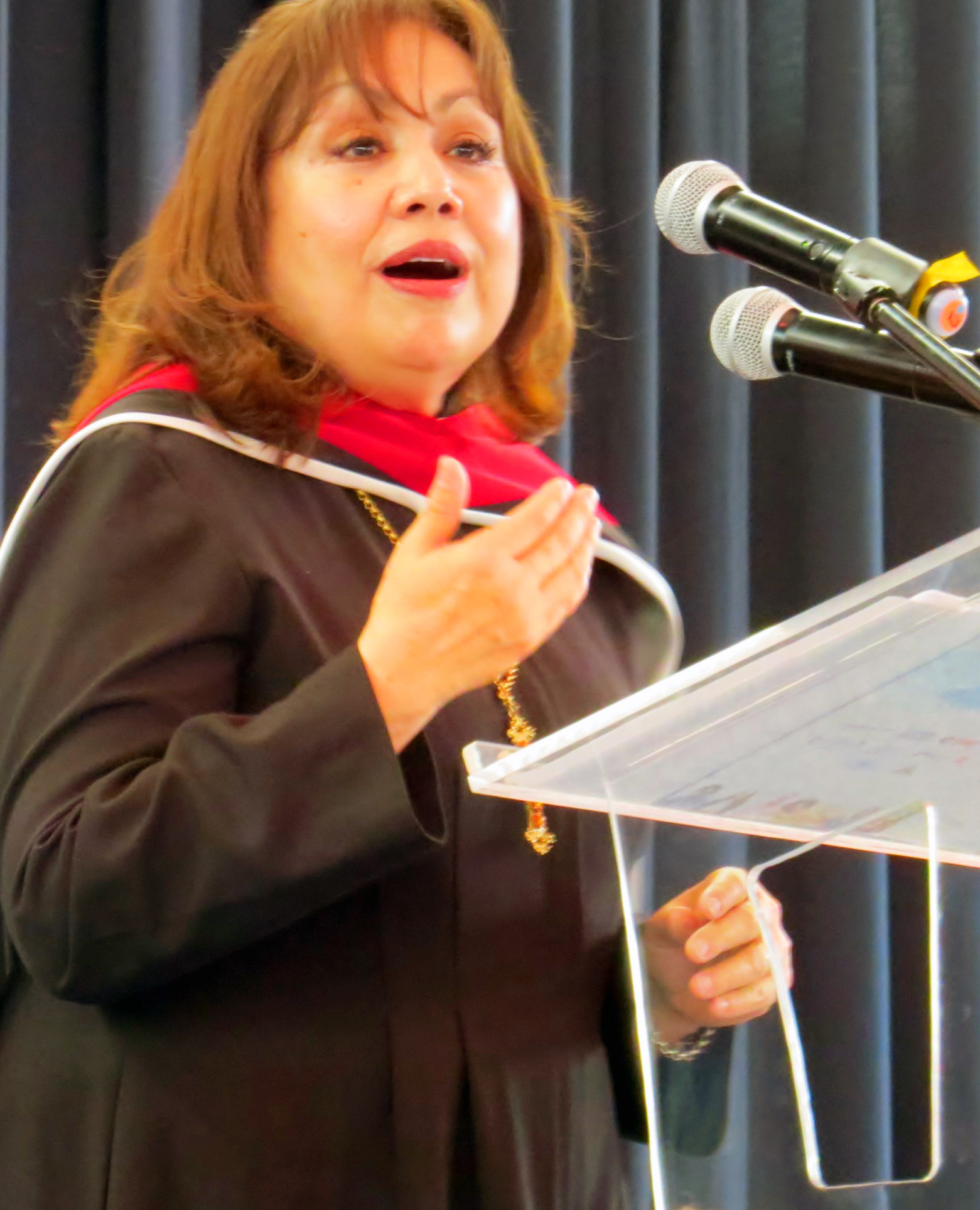 United Methodist Bishop Minerva Carcaño gives the May 28 keynote address for the International Association of Methodist-related Schools, Colleges and Universities conference in Puebla, Mexico. Her speech challenging Christians to be more active on immigration issues drew coverage in the Puebla press. Photo by Sam Hodges, UMNS.
