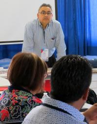 The Rev. David Martinez of the United Methodist Board of Higher Education and Ministry guides a May 28 discussion by leaders of Latin American Methodist theology schools. The group met as part of the International Association of Methodist-related Schools, Colleges and Universities conference in Puebla, Mexico. Photo by Sam Hodges, UMNS.
