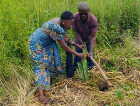 A man and woman work together to plant a sapling as part of reforestation efforts by the church in East Congo. Photo by Judith Yanga, UMNS.
