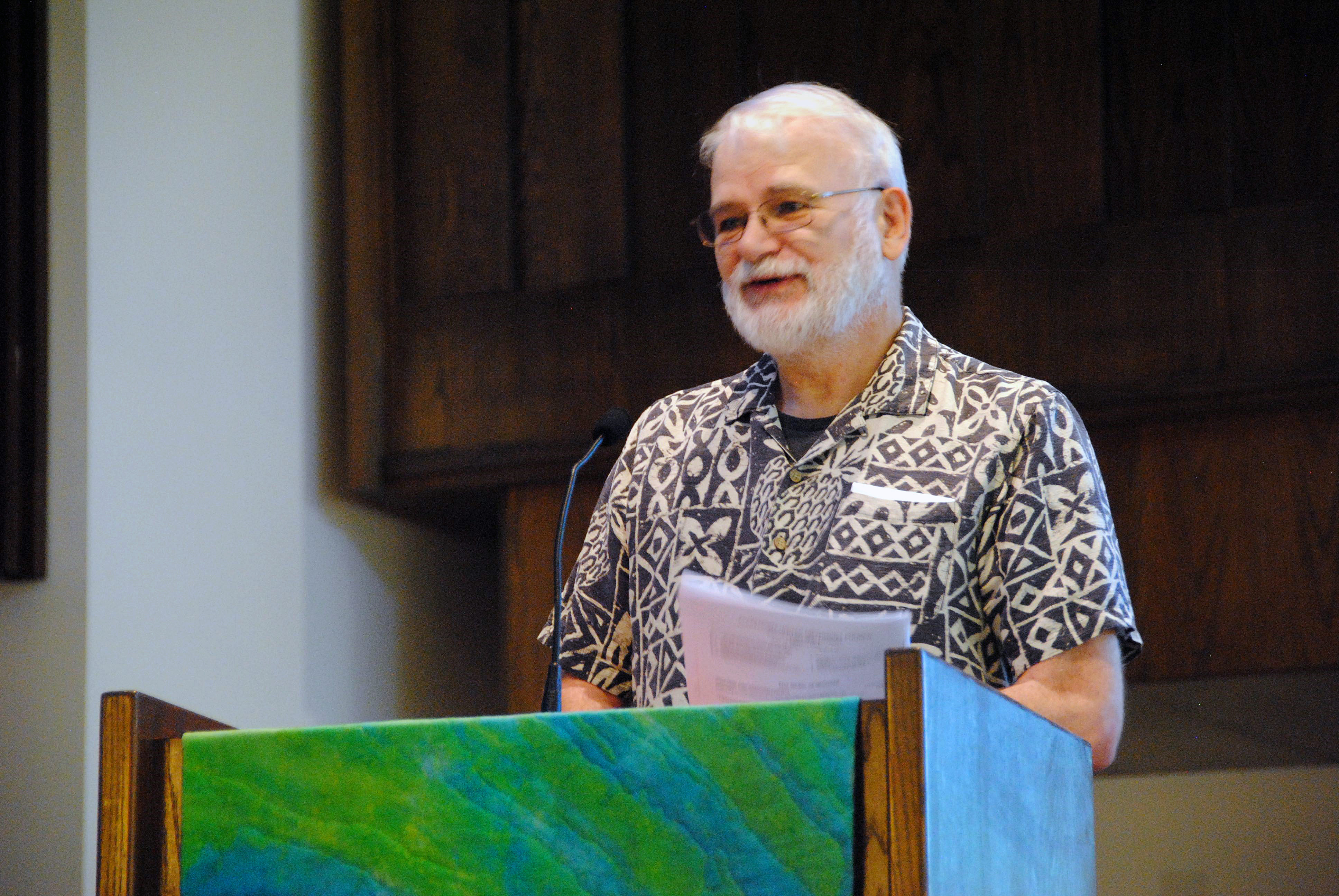The Rev. James Dwyer reports June 18 to Claremont United Methodist Church, in Claremont, Calif., on the recent California-Pacific Conference gathering. The conference approved Dwyer’s motion asking the Judicial Council for a declaratory decision on the constitutionality of church law and Social Principles language stating that the practice of homosexuality is “incompatible with Christian teaching.” Photo by Terry Givens.