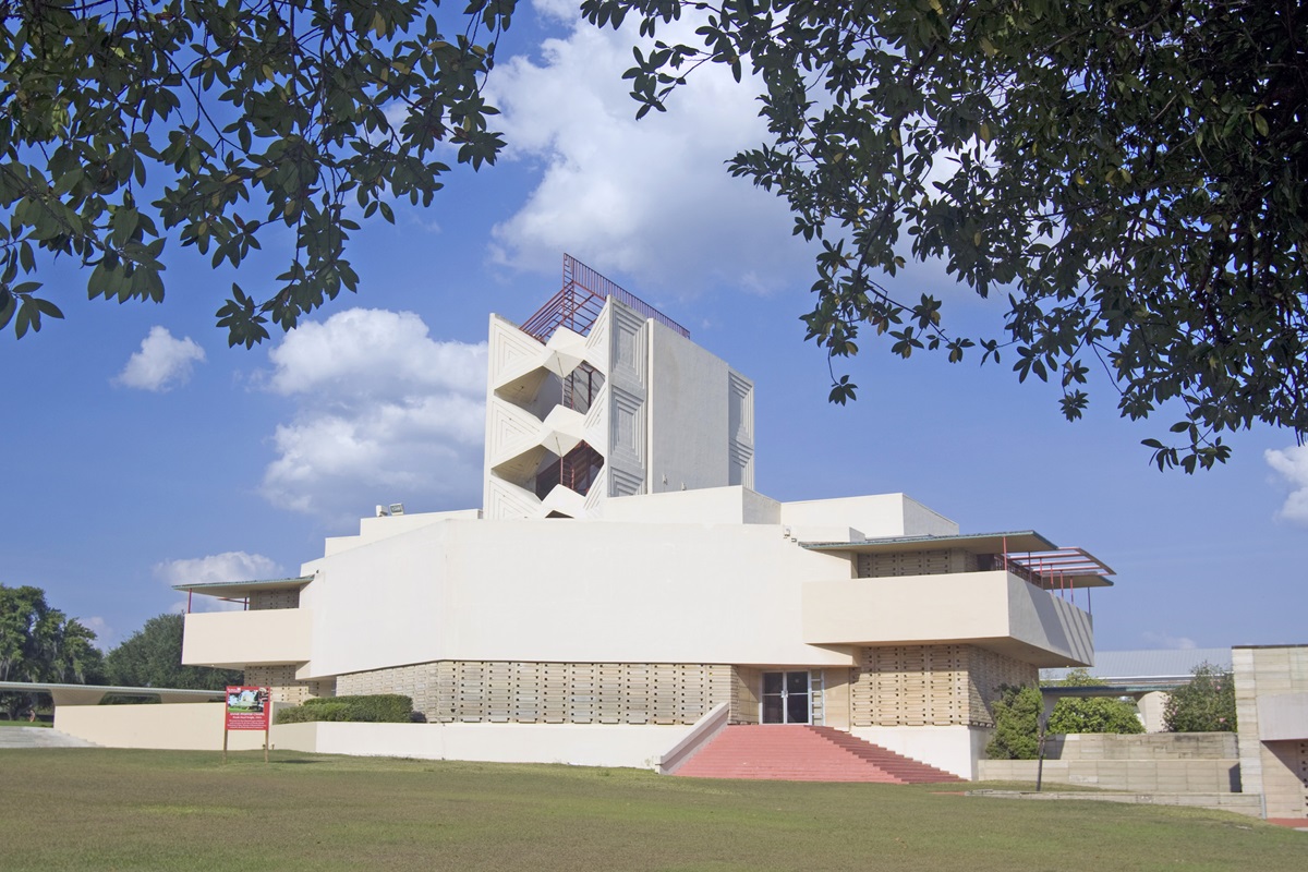 Annie Pfeiffer Chapel is one of 12 structures designed by American architect Frank Lloyd Wright for the campus of Southern Florida College in Lakeland, Florida. Wright agreed to create a master plan for the campus and to design 18 buildings. Ultimately, the college completed 12 structures. It still owns all the designs. Photo courtesy of Florida Southern College.