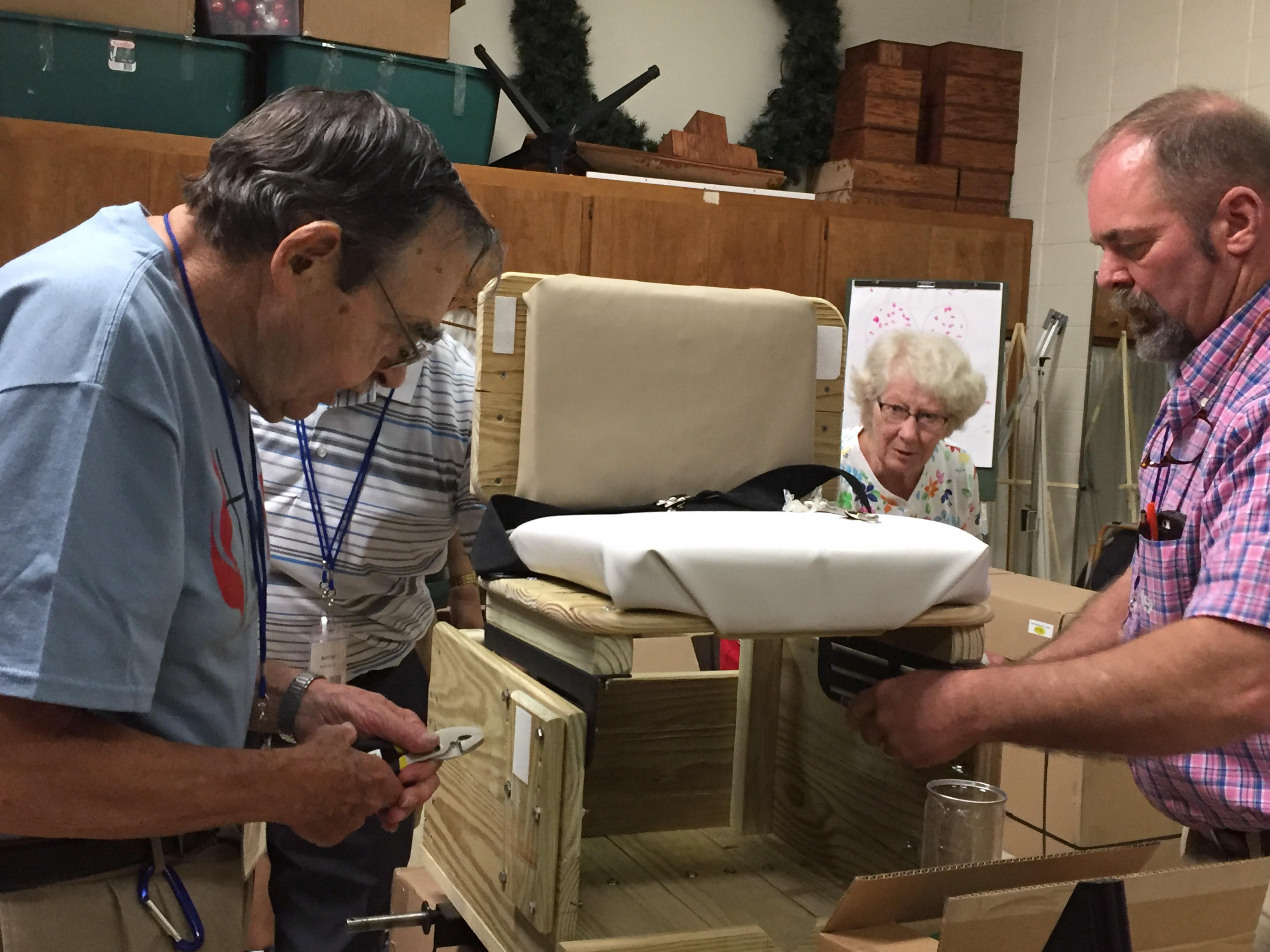 United Methodist Men join with the nonprofit Mobility Worldwide to assemble hand-cranked carts with a seat and basket. Called Personal Energy Transportation or PET carts for short, they provide mobility for people who are unable to walk and live in areas off the electrical grid. Photo by Heather Hahn, UMNS.