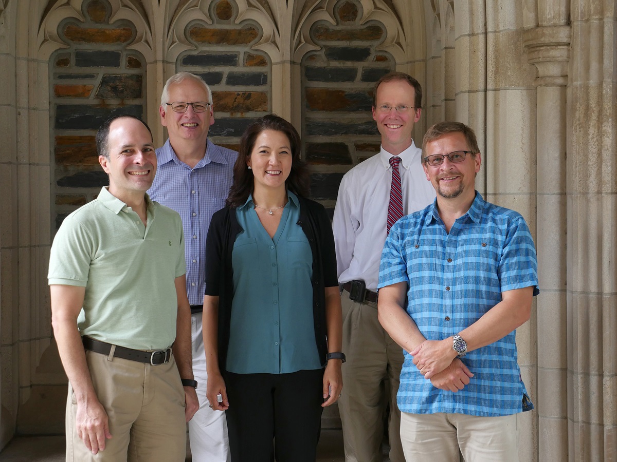 Faculty members at Duke Divinity School discuss challenges and rewards of the United Methodist theological school located in Durham, N.C. (from left to right, front row) Edgardo Colón-Emeric, Sujin Pak and Norman Wirzba, (back row from left to right) Randy L. Maddox and Warren Kinghorn.