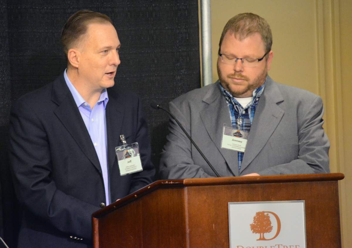 The Revs. Jeff Rainwater (left) and Jeremy Scott present a report on Yellowstone Conference's financial situation June 9 during the 2017 Annual Conference Session in Billings, Montana. 