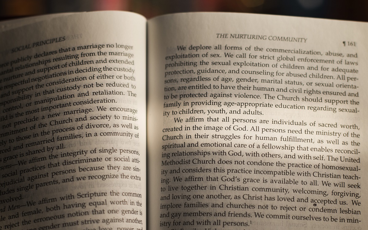 In the 2012 edition of The Book of Discipline of The United Methodist Church, paragraph 161F of the Social Principles states "We affirm that all persons are individuals of sacred worth, created in the image of God." The paragraph goes on to say, "The United Methodist Church does not condone the practice of homosexuality and considers this practice incompatible with Christian teaching." The 2016 Book of Discipline has the same language for paragraph 161F. Photo by Mike DuBose, UMNS.