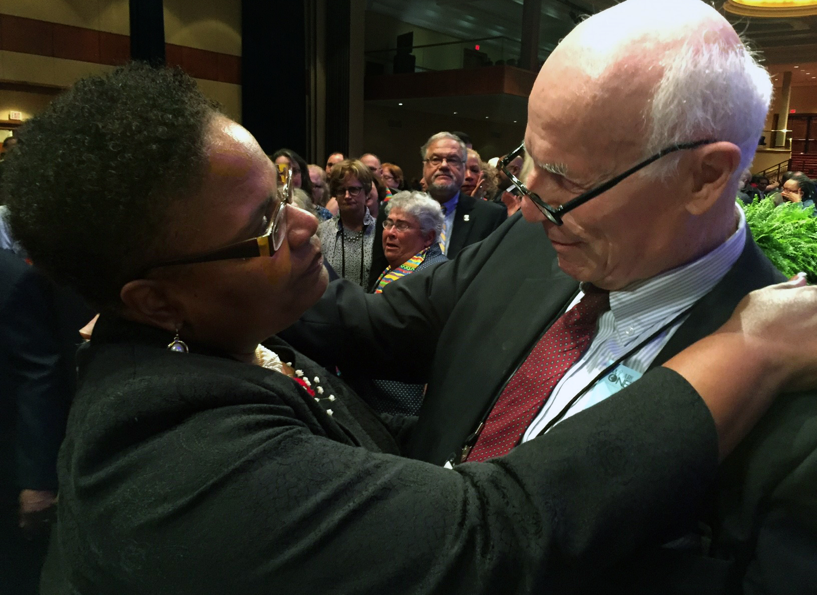 The Rev. J. Phil Wogaman (right) and Bishop LaTrelle Miller Easterling greet each other during the 233rd session of the Baltimore-Washington Conference in Washington, D.C. Wogaman handed in his clergy credentials during the clergy session over the case of T.C. Morrow, a lesbian who was not approved for ordination as a deacon in 2016 or 2017 and for others he feels have been excluded. Photo by Dawn M. Hand, Foundry United Methodist Church.