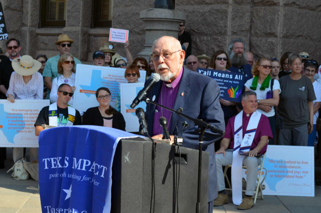 Retired United Methodist Bishop Joel Martinez speaks during a rally at the Texas State Capitol protesting a proposed bill that would keep transgender Texans from using bathrooms that align with their gender identity. About 200 United Methodists were among the 500 people at the event. Photo by Susan Risdon.