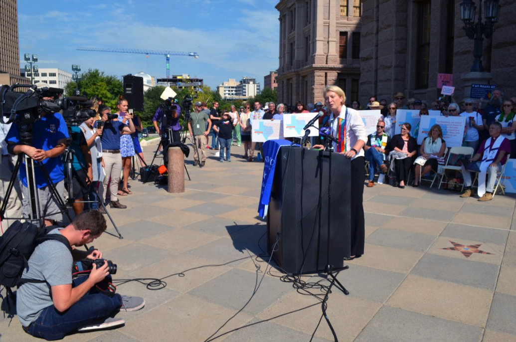 The Rev. Diane McGehee, pastor of Bering Memorial United Methodist Church in Houston, speaks during an interfaith rally in Austin, sponsored by Texas Impact, that opposes a “bathroom bill” being considered by the Texas state legislature. Photo by Susan Risdon.