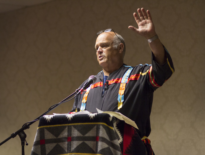 Freeman Owle, elder with the eastern band of Cherokees, shares memories of growing up on the Cherokee reservation. Photo by Kathleen Barry, UMNS.