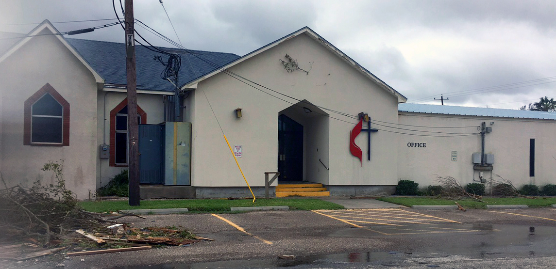 The First United Methodist Church in Rockport, Texas, was damaged by Hurricane Harvey, but many buildings in that coastal community were destroyed. The church’s pastor, the Rev. Laura Becker, is among those who had to evacuate. She’s not sure when she and her family will be allowed to return. Photo courtesy the Rio Texas Conference.
