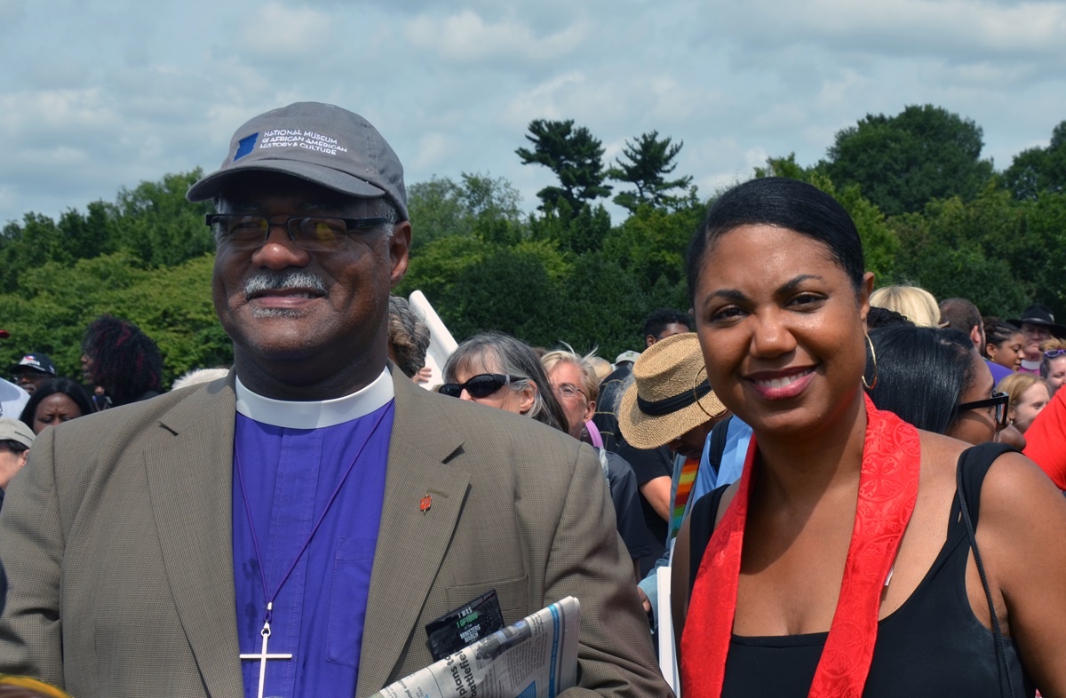 Indiana Area Bishop Julius Trimble with the Rev. Stacey Cole Wilson, director of Congregational Excellence and Strategic Partnerships for the Baltimore-Washington Conference. Both took part in the “Ministers March for Justice on Aug. 28 in Washington. 