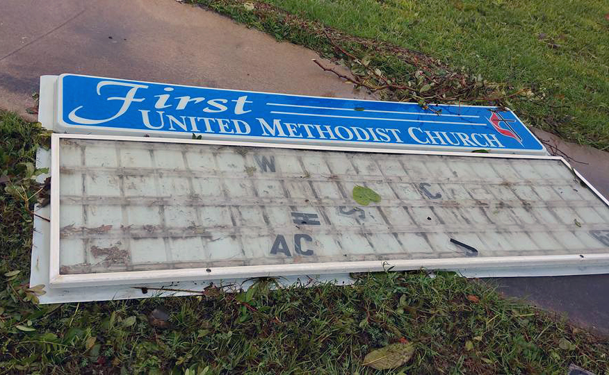A fallen sign at the First United Methodist Church in Aransas Pass, Texas, on the Gulf Coast, indicated the force of winds from Hurricane Harvey, which hit the Gulf Coast town on Aug. 25. Photo courtesy Rio Texas Conference.