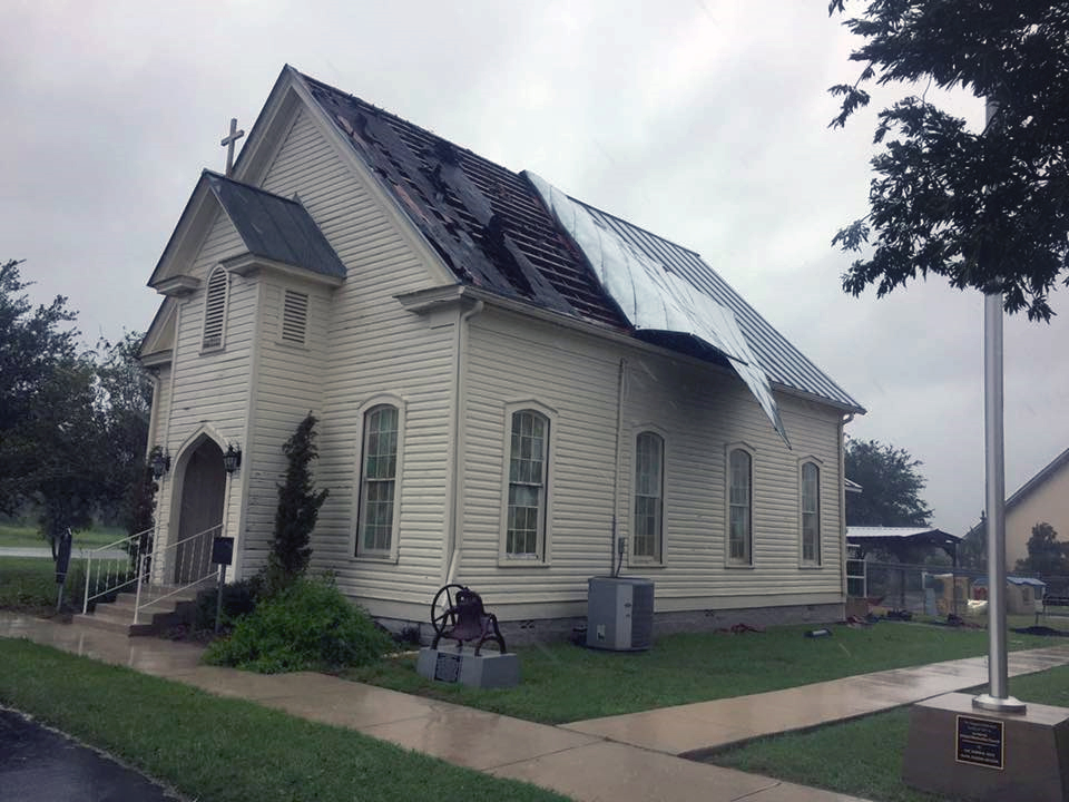The La Vernia United Methodist Church, in La Vernia, Texas, had roof damage from Hurricane Harvey as it clobbered the upper Texas Gulf Coast on Aug. 25-26. Photo courtesy Rio Texas Conference.