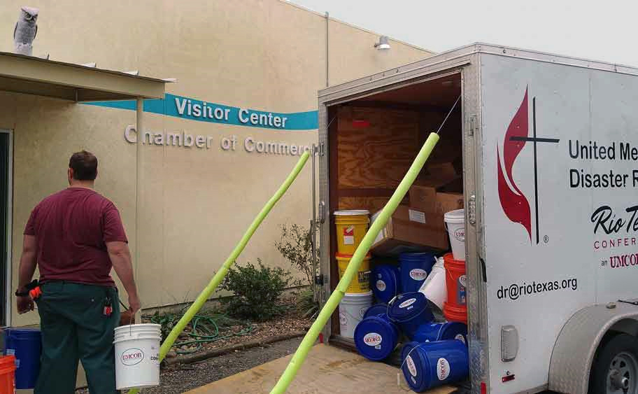 Flood buckets and other relief supplies from the Rio Texas Conference of The United Methodist Church have begun to arrive in hurricane-battered areas of the upper Texas Gulf Coast. Photo courtesy Rio Texas Conference.
