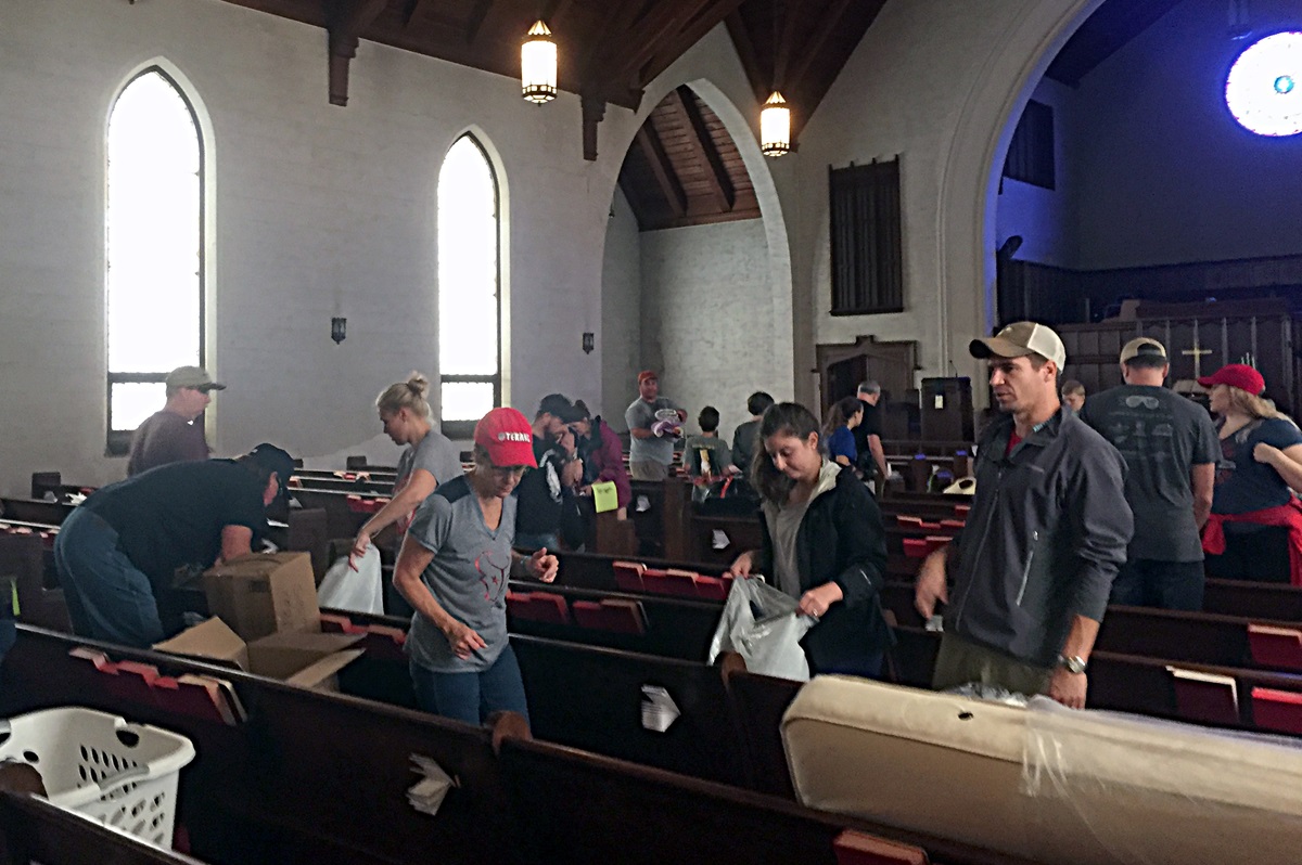 St. Mark’s United Methodist Church in Houston turned into a busy distribution center for food, bedding, toiletries and other supplies donated as part of the relief effort for Tropical Storm Harvey. The church itself had minor flood damage. Photo courtesy the Rev. Emily Chapman. 