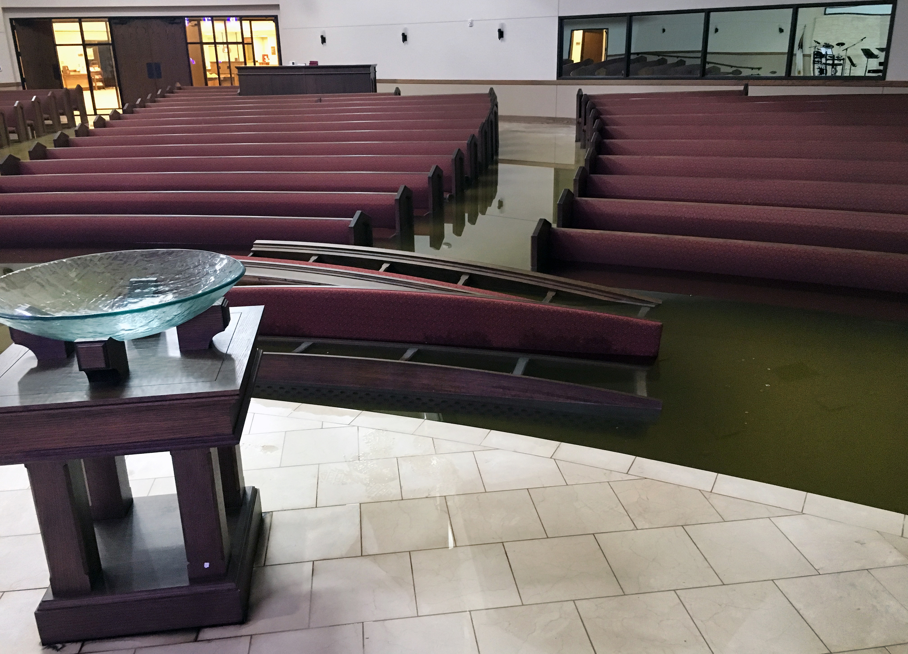 The First United Methodist Church in Dickinson, Texas, had its sanctuary flooded by Tropical Story Harvey. Photo by the Rev. Jack Matkin.