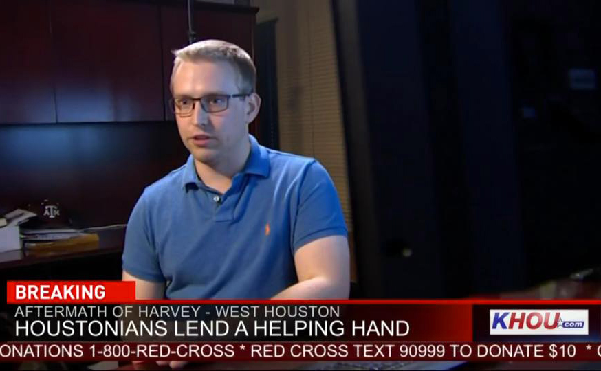 Oliver Carter, a member of Chapelwood United Methodist Church in Houston, is interviewed by KHOU, a CBS affiliate station in Houston, about HoustonHarveyRescue.com. The web app, developed by Carter and fellow Chapelwood member Matthew Marchetti, helps connect locate people who needed rescuing with volunteers. Photo courtesy of Oliver Carter.