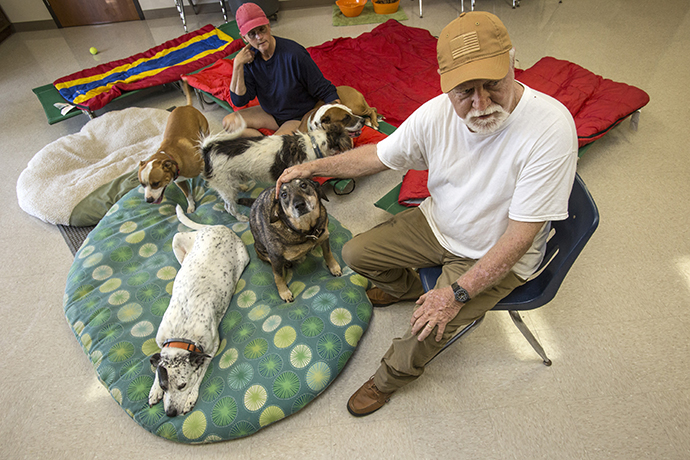 Mike Toups and his wife Tammy are living with their five dogs inside the scout ministry building at Wesley United Methodist Church in Beaumont, Texas. Toups is the building supervisor at Wesley UMC. They were flooded out by Hurricane Harvey. Photo by Kathleen Barry, UMNS.