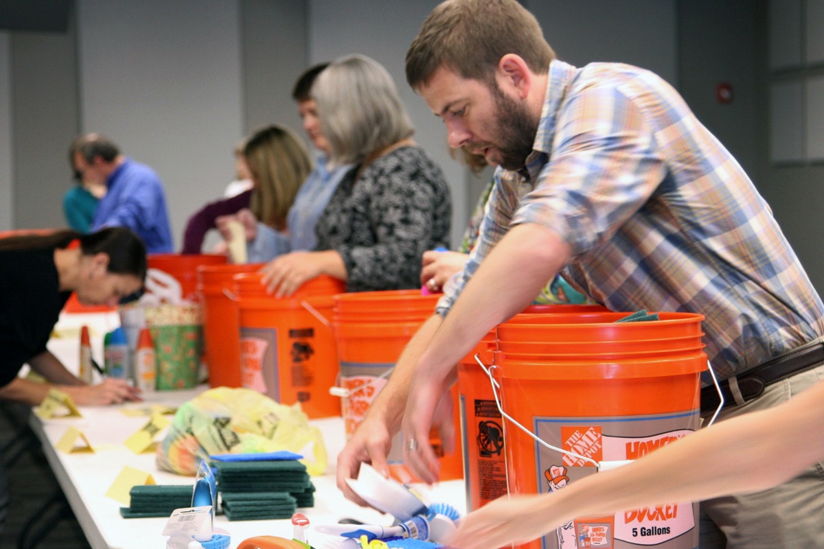 Flood buckets were assembled in the offices of the United Methodist Publishing House for relief. The buckets will be sent to Texas following damage from Hurricane Harvey. Photo by Malcom Thompson, UMPH.