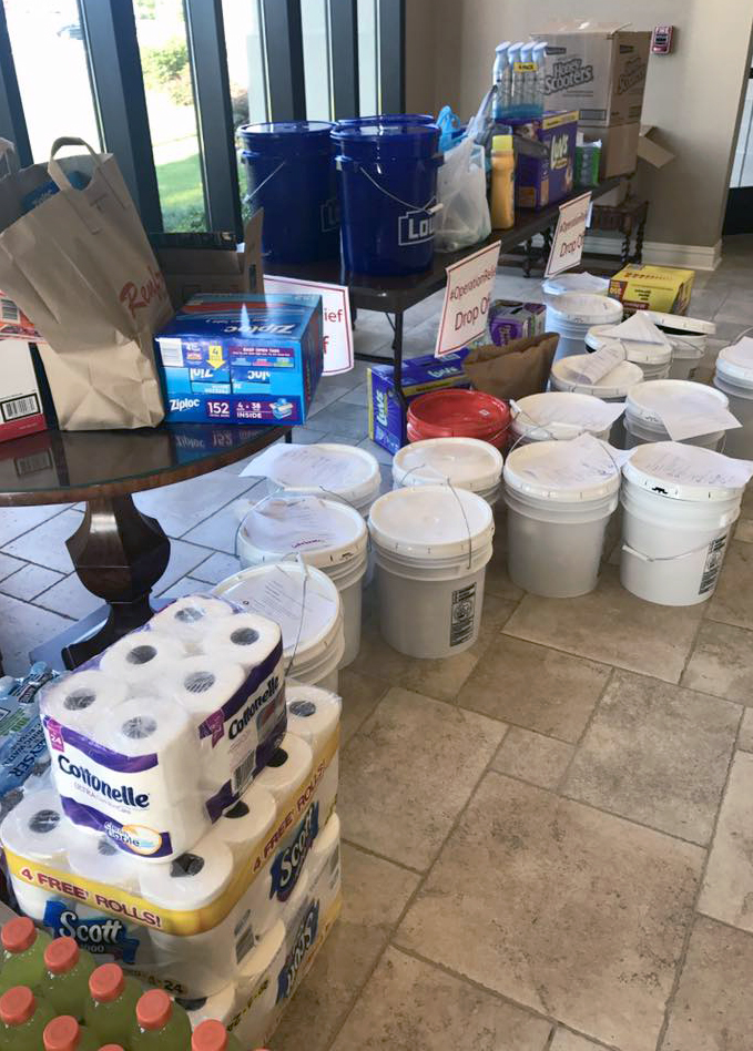 Relief buckets and supplies collected by Aldersgate United Methodist Church in Montgomery, Ala., for help after Hurricane Irma. Photo courtesy of Aldersgate United Methodist Church via Facebook.