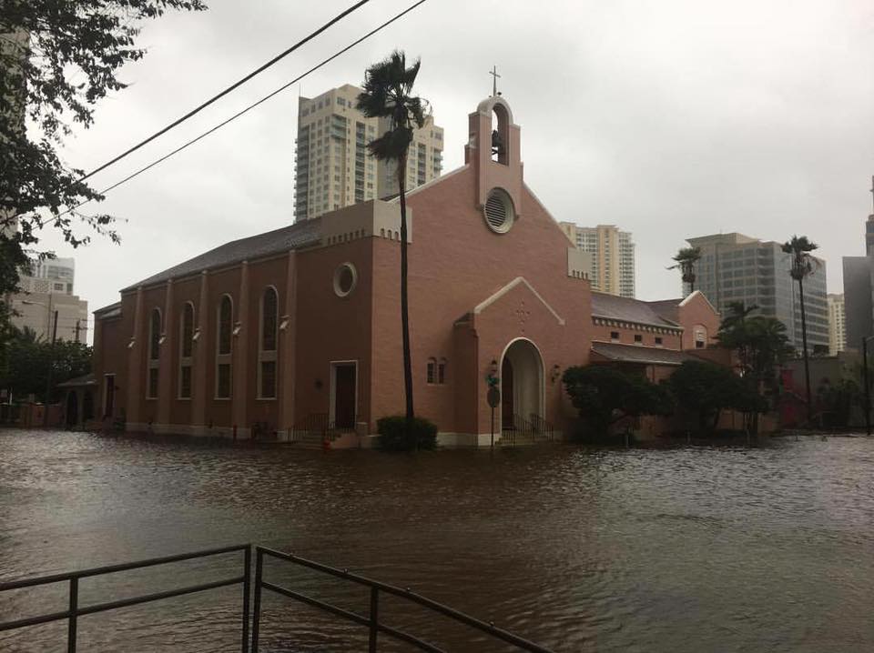 First United Methodist Church in Fort Lauderdale, Fla., is surrounded by floodwaters following Hurricane Irma. 