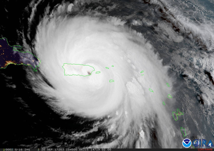 A GOES-16 [satellite] geocolor image of Hurricane Maria over Puerto Rico as it made landfall on Sept. 20. Although not yet operational, data from NOAA’s GOES-16 satellite proved vital in forecasting operations for Hurricane Maria as it neared Puerto Rico. Image courtesy of NOAA/NASA/CIRA.
