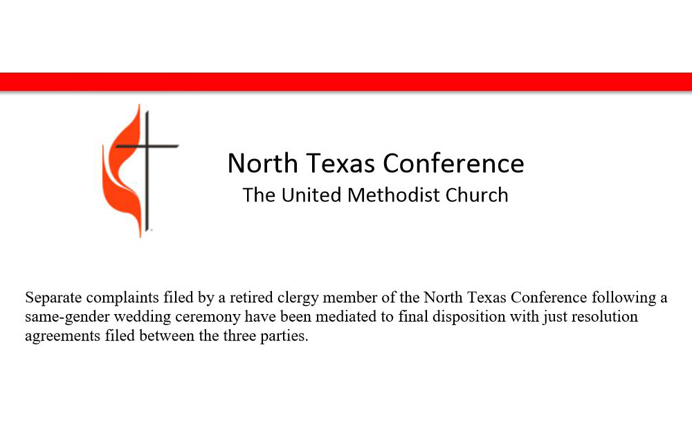 An image of only the top paragraph of a press release issued by the North Texas Conference announcing that just resolutions had been reached among three parties after complaints following a same-gender wedding ceremony. Graphic courtesy of the North Texas Conference; cropped by UMNS.