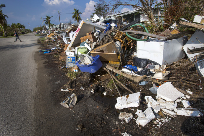 Debris on this street in Everglades City, Fla., appears to go on forever. The city suffered damage from flooding and high winds from Hurricane Irma. Photo by Kathleen Barry, UMNS.