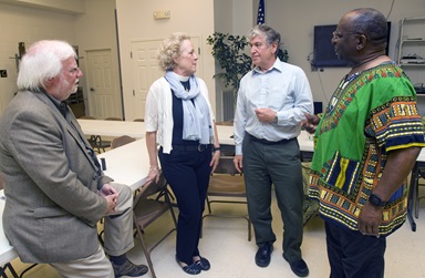 From left, the Rev. Alvin Horton, left, First United Methodist Church; the Rev. Elaine Thomas, St. Paul's Memorial Church; Rabbi Tom Gutherz, Congregation Beth Israel; and the Rev. Alvin Edwards, Mt. Zion First African Baptist Church, were among those attending a recent  meeting of the Charlottesville (Va.) Clergy Collective. Photo © Richard Lord. From left, the Rev. Alvin Horton, left, First United Methodist Church; the Rev. Elaine Thomas, St. Paul's Memorial Church; Rabbi Tom Gutherz, Congregation Beth Israel; and the Rev. Alvin Edwards, Mt. Zion First African Baptist Church, were among those attending a recent  meeting of the Charlottesville (Va.) Clergy Collective. Photo © Richard Lord.