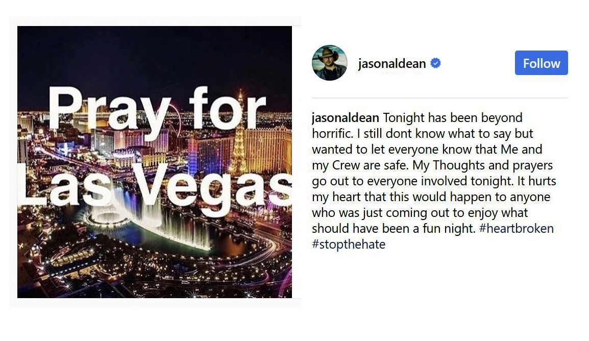 Text and art from country music star Jason Aldean’s Twitter and Instagram posts following a mass shooting in Las Vegas at an outdoor concert where Aldean was performing, Oct. 1. Image courtesy of Jason Aldean’s social media accounts.