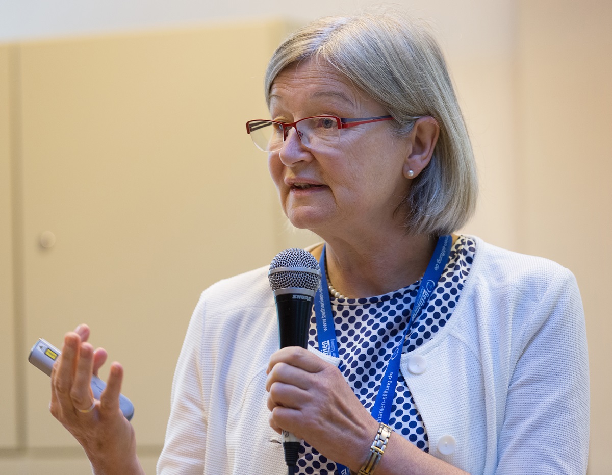 Dr. Beate Jakob addresses the International Health Forum of The United Methodist Church in Stuttgart, Germany. Jakob said the need for churches to play a role in health care was apparent during the Ebola outbreak that began in 2014 in Africa. Photo by Mike DuBose, UMNS. 