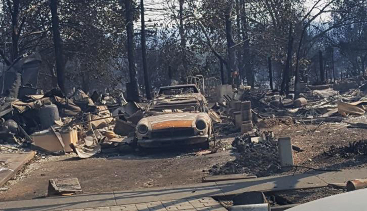 A view of Senikau Momoka’s house shows the extent of damage to her property after wildfires swept through California on Oct. 9. Momoka is a member of First United Methodist Church of Santa Rosa, which opened its doors to people left homeless after the blaze. Photo by Kelly Vaughn, courtesy of First United Methodist Church.