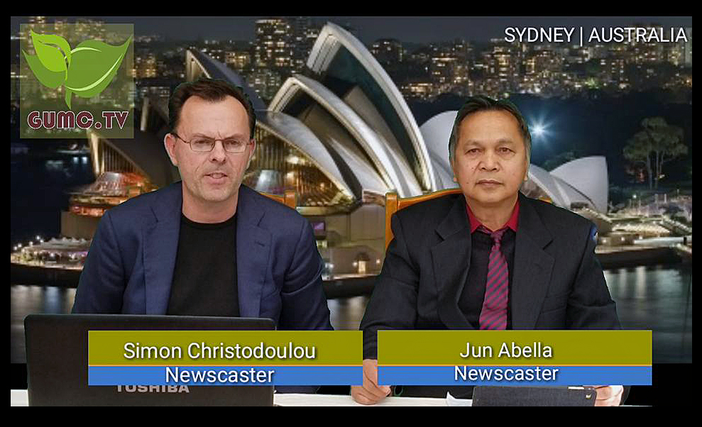 In a video image, Simon Christodoulou (left), an Australian, and Jun Abella (right), a Filipino-Australia immigrant, participate in a practice TV broadcast that was part of a training workshop led by Siegfred Balatan, a producer for GUMC.TV, in Sydney, Australia.  The training was conducted as part of a Television ministry partnership between Wesleyan Methodist Church in Parramatta, Sydney, Australia, and Uniting Church of Australia. Photo courtesy of GUMC.TV.