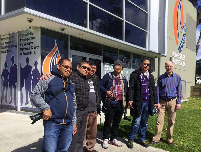 The Rev. Arestedes Balatan (third from left), GUMC.TV producer Siegfred Balatan (fourth from left), and Manila Area Bishop Ciriaco Q. Francisco (fifth from left), pose for a photo during their visit to Kingsley College of Wesleyan Methodist Church in Australia. The visit was to launch a Television ministry partnership between Wesleyan Methodist Church and Uniting Church of Australia. Photo courtesy of the Rev. Arestedes Balatan.