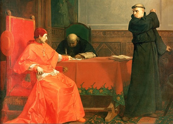 Martin Luther in front of Cardinal Thomas Cajetan during the controversy of his 95 Theses. Luther was summoned by authority of the pope to defend himself against charges of heresy before Thomas Cajetan at Augsburg in October 1518. Painting by Ferdinand Pauwels (1830-1904), public domain, courtesy of Wikimedia Commons.