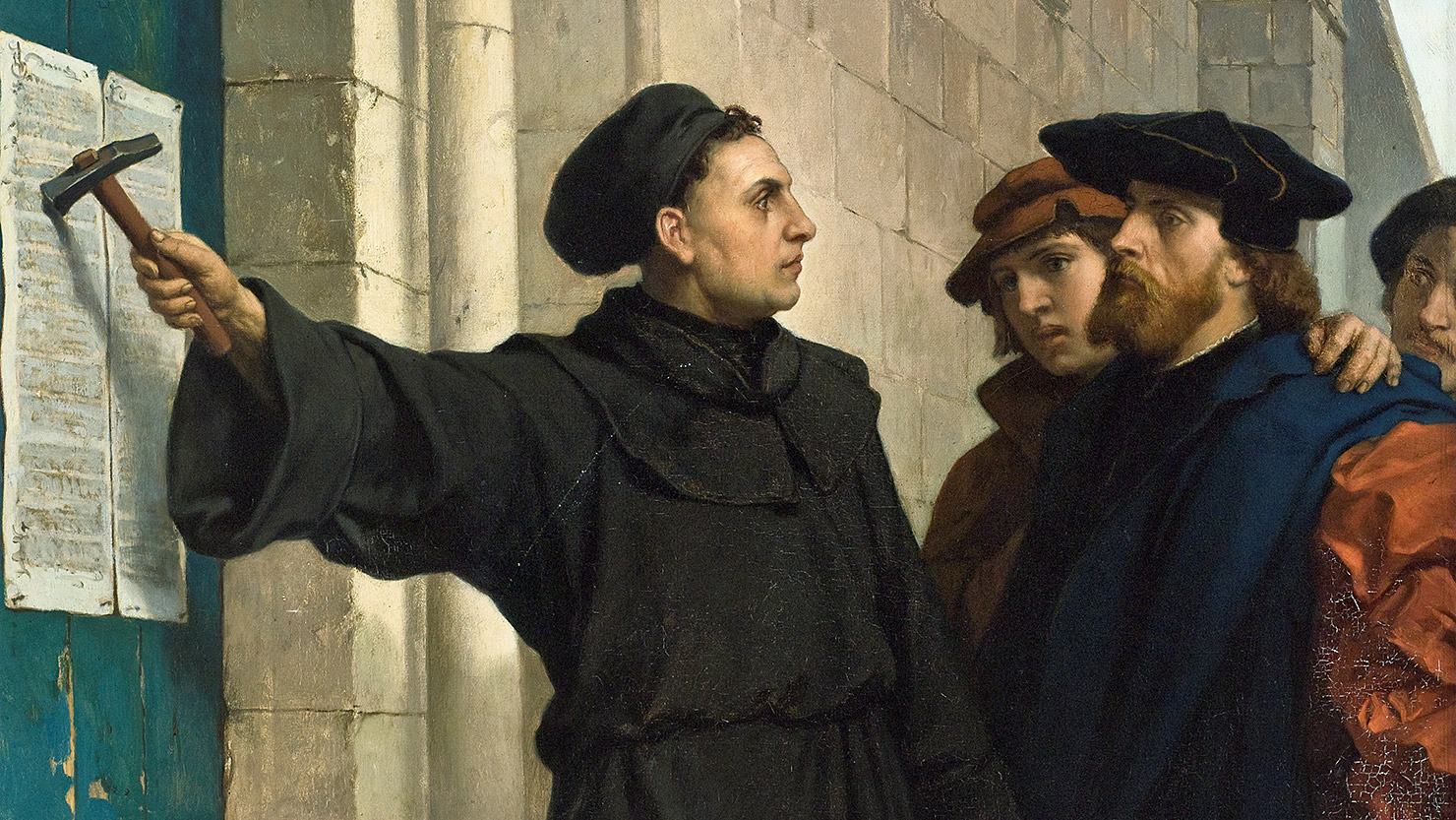 Martin Luther nails The 95 Theses or Disputation on the Power of Indulgences, a list of propositions for an academic disputation, on Oct. 31, 1517. What he intended to spark debate changed the world. Painting by Ferdinand Pauwels (1830-1904), public domain, courtesy of Wikimedia Commons.