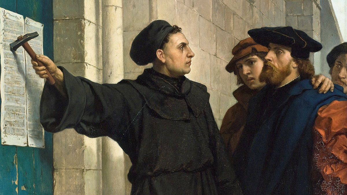 Martin Luther nails The 95 Theses or Disputation on the Power of Indulgences, a list of propositions for an academic disputation, on Oct. 31, 1517. What he intended to spark debate changed the world. Painting by Ferdinand Pauwels (1830-1904), public domain, courtesy of Wikimedia Commons.