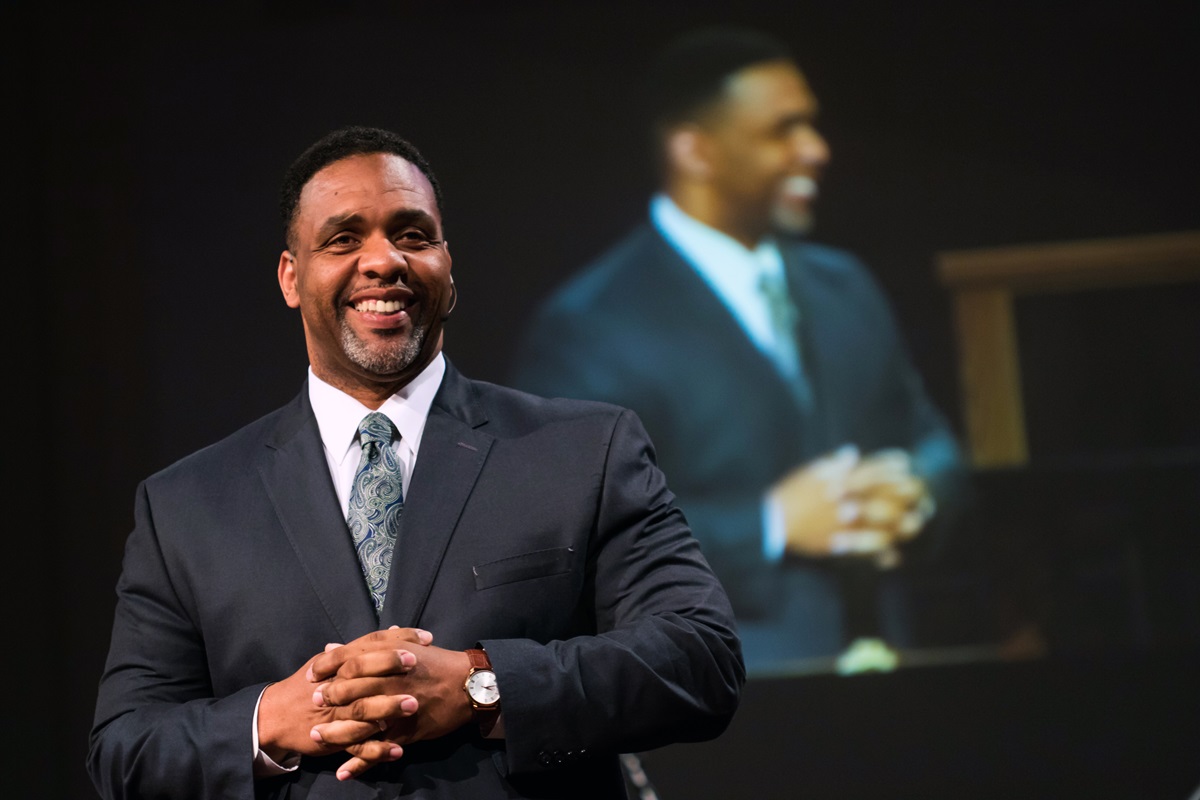 The Rev. Caesar Rentie, who once played offensive tackle for the Chicago Bears, now serves as vice president for pastoral services at Methodist Health System in Dallas. He’s also an associate pastor at First United Methodist Church in Mansfield, Texas.  Photo by Carter Rose, for First Mansfield United Methodist. 