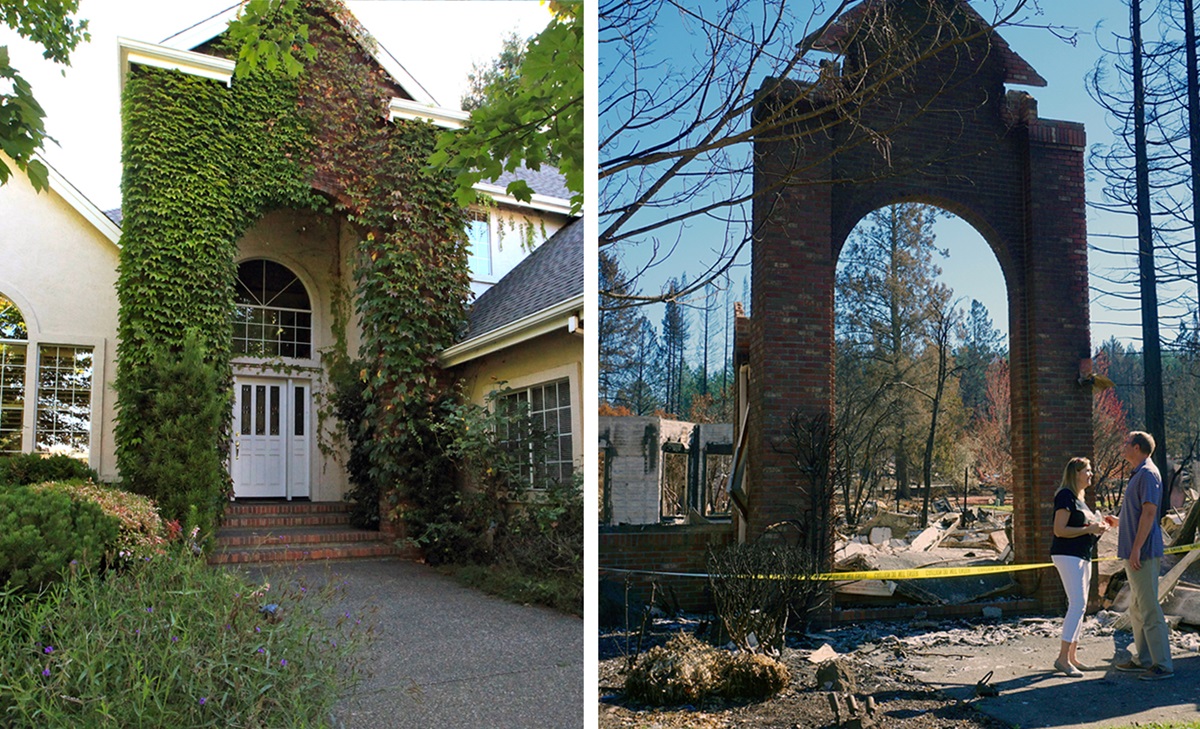 The Rev. Blake Busick and his wife, Peggy, returned to their Santa Rosa home after it was destroyed by the California wildfires that started on Oct. 9. Left image shows the Busicks' home before it was ravaged by fire. Photos by Sue Larson, courtesy of the Rev. Blake Busick.