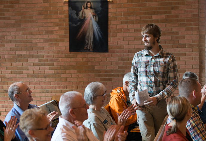 The Rev. Matt Hall is welcomed to First United Methodist Church in Pearisburg, Va. The church, located just off the AT, is where Hall preached his first sermon and helps support the chaplain's ministry.