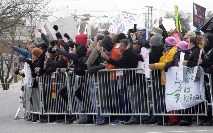 An ecumenical group of clergy, including United Methodists, joined a group of counterprotesters as the same white-supremacist groups whose protest turned violent in Charlottesville, Va., held a rally in Shelbyville, Tenn., on Oct. 28. Photo by Kathy L. Gilbert, UMNS.
