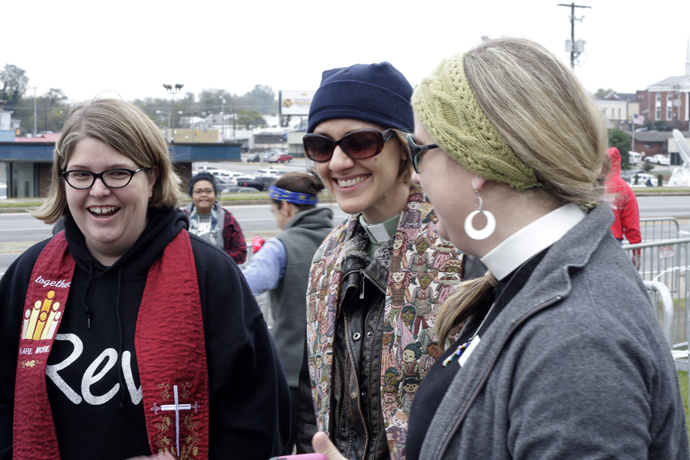 From left, the Revs. Crystal Jacobson, La Fontaine (Ind.) United Methodist Church, and Adriane Curtis, Royal Center (Ind.) United Methodist Church, drove more than six hours to join fellow clergy in Shelbyville including the Rev. Mary Rebekah Ward Dicken, St. Mark’s United Methodist Church in Murfreesboro, Tenn. Photo by Kathy L. Gilbert, UMNS.