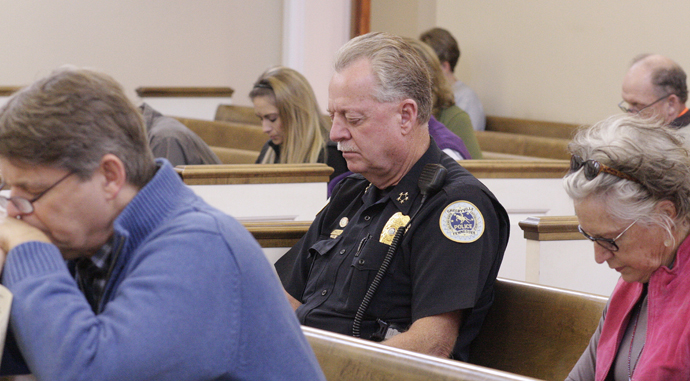 The Bedford County Ministerial Association held a prayer vigil at the First United Methodist Church of Shelbyville on Oct. 27, a day before white-supremacist groups planned to hold rallies in the state. During the vigil, participants prayed for officers, first responders and emergency personnel. Prayers were also offered for the community and for unity. Photo by Kathy L. Gilbert, UMNS.