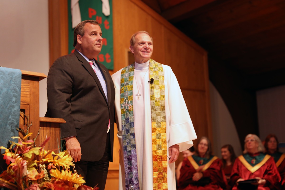 Bishop John Schol of the Greater New Jersey Annual Conference (left) and N.J. Gov. Chris Christie at a Day of Prayer church service Oct. 29, commemorating the fifth anniversary of superstorm Sandy and celebrating the accomplishments of A Future With Hope. The event was held at St. Andrew’s United Methodist Church in Toms River, N.J. Photo courtesy of A Future With Hope.