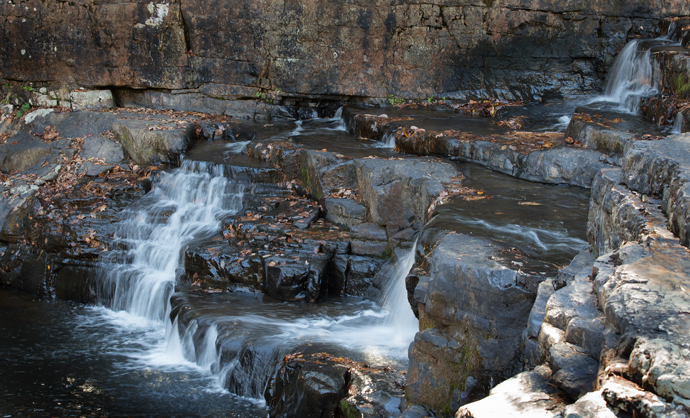 Water cascades over rocks at Dismal Falls along the Appalachian Trail in Bland County, Va.