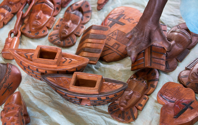 Many patients at the Ganta Leprosy and TB Rehab Center help support themselves by selling wood carvings. Photo by Mike DuBose, UMNS.