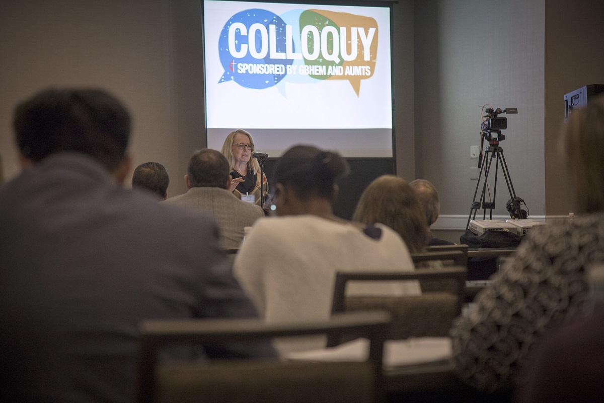 The Rev. Elaine Heath, dean of Duke Divinity, speaks during the Nov. 12-15 colloquy titled “Missio Dei and the United States: Toward a Faithful United Methodist Witness. The United Methodist Board of Higher Education sponsored the event, which brought together seminary professors and bishops. 