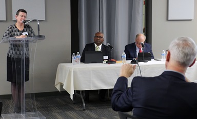 Phebe Duff (left) listens to a question from the Rev. Steve Court, General Council on Finance and Administration board member, about a new compensation structure for general agency staff. Duff, GCFA’s global director of human resources, presented the proposed pay ranges during the board’s meeting Nov. 15 at the United Methodist Publishing House. Photo by Heather Hahn, UMNS Phebe Duff (left) listens to a question from the Rev. Steve Court, General Council on Finance and Administration board member, about a new compensation structure for general agency staff. Duff, GCFA’s global director of human resources, presented the proposed pay ranges during the board’s meeting Nov. 15 at the United Methodist Publishing House. Photo by Heather Hahn, UMNS